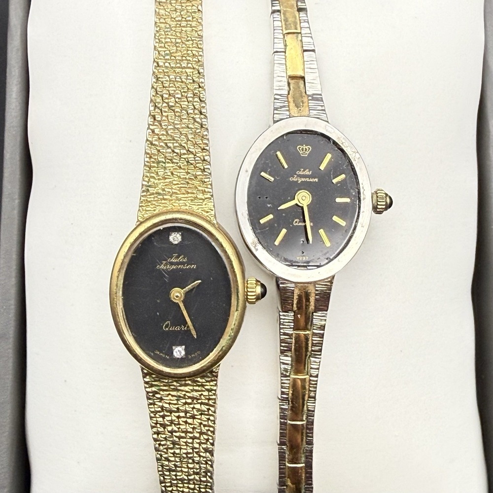 Lot 2 Vintage Jules Jurgensen Oval Quartz Bracelet Watch Black Dial Parts/Repair